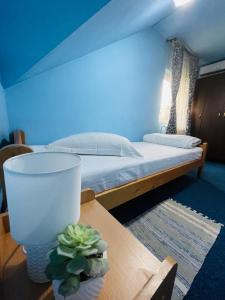 クルジュ・ナポカにあるPENSIUNEA TEXAS self check-inのベッドルーム1室(ベッド1台、植物のあるテーブル付)