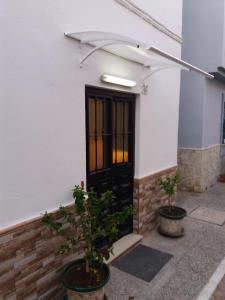 a front door of a white building with two potted plants at Casita La Playa in Málaga