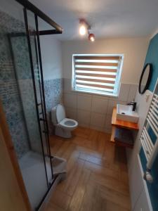 baño con aseo y lavabo y ventana en Freya´s room, en Česká Kamenice