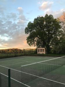 einen Tennisplatz mit einem Baum im Hintergrund in der Unterkunft Duneden Cottage and Grounds in Randalstown