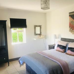 a bedroom with a bed and a window and a television at Duneden Cottage and Grounds in Randalstown