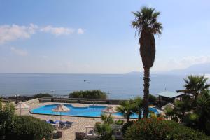 a resort with a palm tree and a swimming pool at Vangelis Villas in Agios Nikolaos