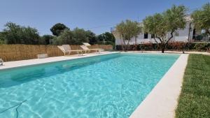 Una piscina con agua azul en un patio. en Dimora Matilde, en Ostuni