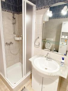 a bathroom with a sink and a shower at Szende Apartman in Balatonfüred