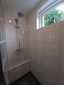 een douche in een badkamer met een raam bij Vakantiehuis Boomgaard in Vrouwenpolder