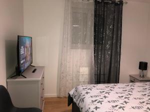 マント・ラ・ジョリーにあるApparemment 003のベッドと薄型テレビのある寝室