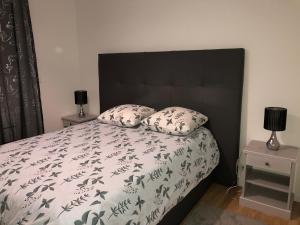 マント・ラ・ジョリーにあるApparemment 003のベッドルーム1室(黒いヘッドボードと枕2つ付)