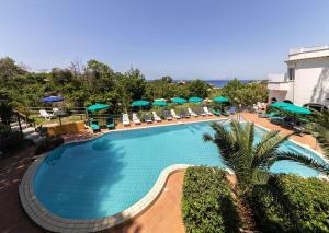 an overhead view of a swimming pool with chairs and umbrellas at Bristol Hotel in Ischia