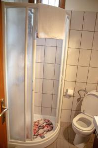 a shower stall in a bathroom with a toilet at Blue Horizon Dream in Thymonia Beach +12 photos