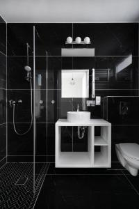 La salle de bains est pourvue d'un lavabo, d'une douche et de toilettes. dans l'établissement W Starym Porcie Krynica Morska domek z widokiem na Zalew Wiślany, à Krynica Morska