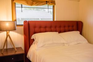 a bed with a red headboard and a window at Hencote Vineyard Glamping Village in Shrewsbury