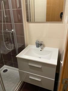 a bathroom with a white sink and a shower at Studio 005 in Mantes-la-Jolie