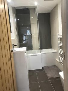 a bathroom with a shower and a toilet and a sink at Great 2 bedroom flat in Plymouth