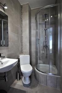 a bathroom with a toilet and a shower and a sink at Apart Studio Rambiert in Swarzewo +44 photos