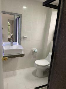 a bathroom with a white toilet and a sink at Hotel Posada Santa Fe in Guadalajara