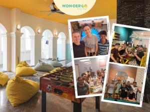 a collage of pictures on a table in a room at Wonderloft Hostel Kota Tua in Jakarta