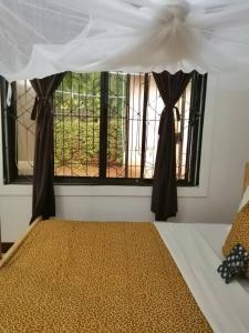 1 dormitorio con 1 cama y ventana con cortinas en More Than A Drop, en Moshi