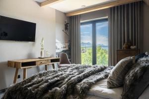 a bedroom with a bed and a television and a window at VILLA TEDDY BEAR Zakopane in Zakopane