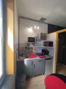 a small kitchen with a sink and a stove at Studio indépendant accès direct autonome. in Le Cateau