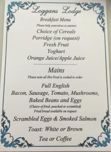 een menu voor een restaurant met een menu bij Loggans Lodge in Hayle