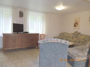 a living room with a couch and a tv at Gdzie diabeł mówi dobranoc in Pisz
