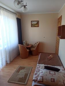 ヤストシェンビャ・グラにあるPokoje Goscinne Bartoszのベッドルーム1室(ベッド1台、テーブル、窓付)