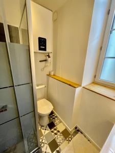 a small bathroom with a toilet and a shower at Appartement cosy Centre ville in Moulins