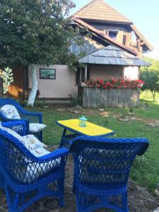 four blue chairs and a yellow table in a yard at Apartments Novela in Poljanak