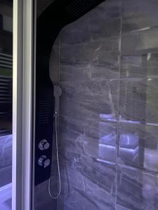 a shower in a bathroom with a stone wall at Beta House Apartments in Zaječar