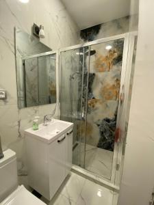 uma casa de banho com um chuveiro e um lavatório. em Apartment Major em Belgrado