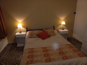 a bedroom with a bed with two lamps on both sides at Chalet Centrico in Merlo +5 photos