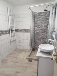a bathroom with a sink and a shower at Família Apartman Cserkeszőlő in Cserkeszőlő +27 photos