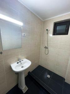 La salle de bains est pourvue d'un lavabo et d'une douche. dans l'établissement Vila Macris, à Eforie Nord