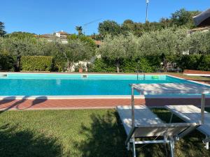 een zwembad met een tafel en stoelen in een tuin bij Flowers and garden apartment in Manerba del Garda