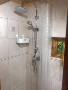 a shower in a bathroom with a shower curtain at Domek góralski Spełnione Marzenia in Falsztyn