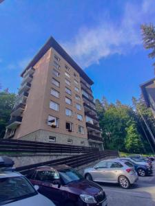 a tall building with cars parked in front of it at Apartmánek Protěž in Janske Lazne