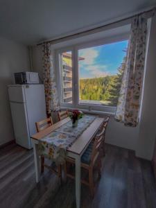 a kitchen with a table and a large window at Apartmánek Protěž in Janske Lazne