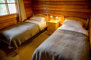 1 dormitorio con 2 camas y una ventana en una cabaña de madera en Bynack, en Aviemore