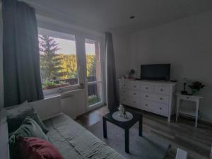 a living room with a couch and a window at Apartmánek Protěž in Janske Lazne