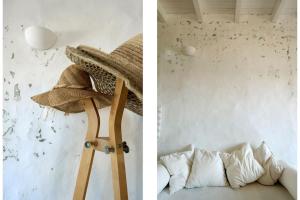 dos fotos de una habitación con sombrero y sofá en BUFO - Serifians, en Serifos Chora