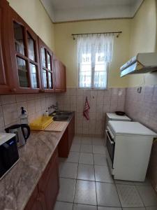 a kitchen with a sink and a stove at Via Tokaj Vendégház in Sátoraljaújhely