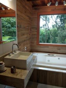 une salle de bain avec une baignoire, un lavabo et une fenêtre dans l'établissement Nas Nuvens Hospedaria, à Monte Verde