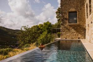 a man in a swimming pool next to a building at Villa Angelo in Motovun