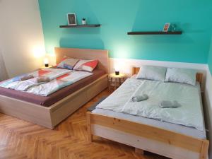 dos camas sentadas una al lado de la otra en un dormitorio en Sophie Apartment en Balatonberény