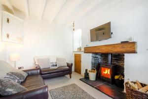 ein Wohnzimmer mit einem Sofa und einem Kamin in der Unterkunft Braich-Y-Celyn Lodge in Aberdyfi
