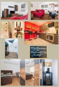 un collage di immagini di un soggiorno e di una cucina di Enscher Stübchen Ferienwohnung Rudolf a Ensch