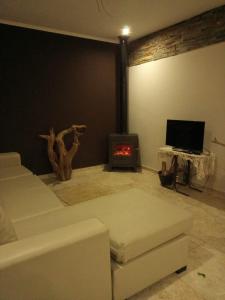 a living room with a couch and a fireplace at Casa de Campo La Amada in Federación
