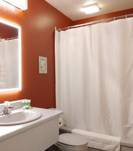 een badkamer met een wit douchegordijn en een wastafel bij Hotel Le Must in Saint-Marc-des-Carrières