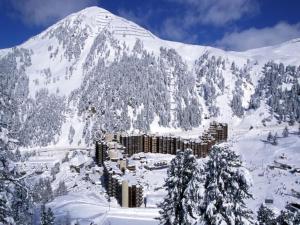 een berg bedekt met sneeuw met een gebouw erop bij Studio Plagne Bellecôte, 1 pièce, 4 personnes - FR-1-181-2368 in La Plagne Tarentaise