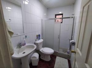 a bathroom with a shower and a toilet and a sink at Hospedaje Valencia in Puerto Montt +19 photos